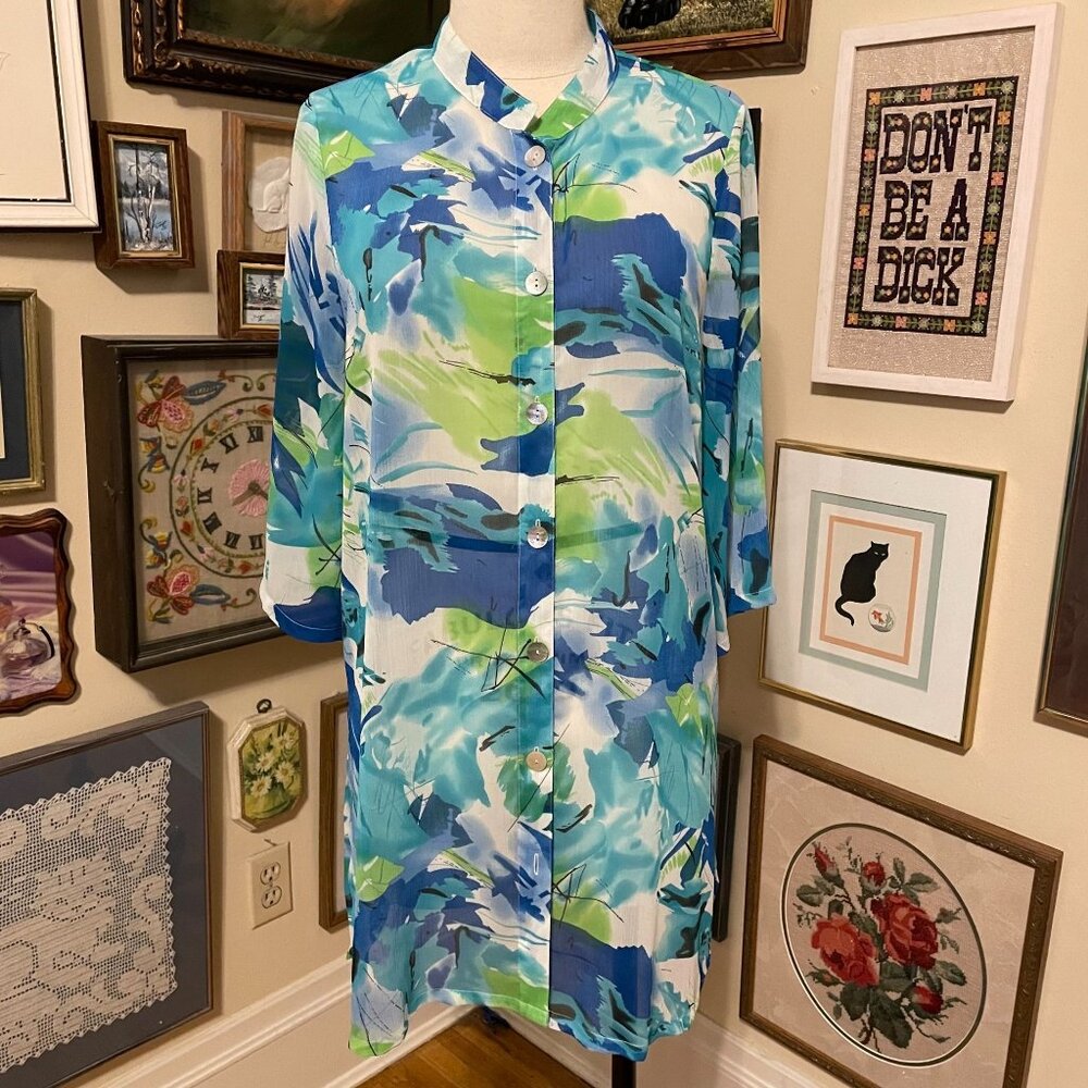 Ulla Popken Blue & Green Abstract Pattern Relaxed Button-Down Blouse  Size 14